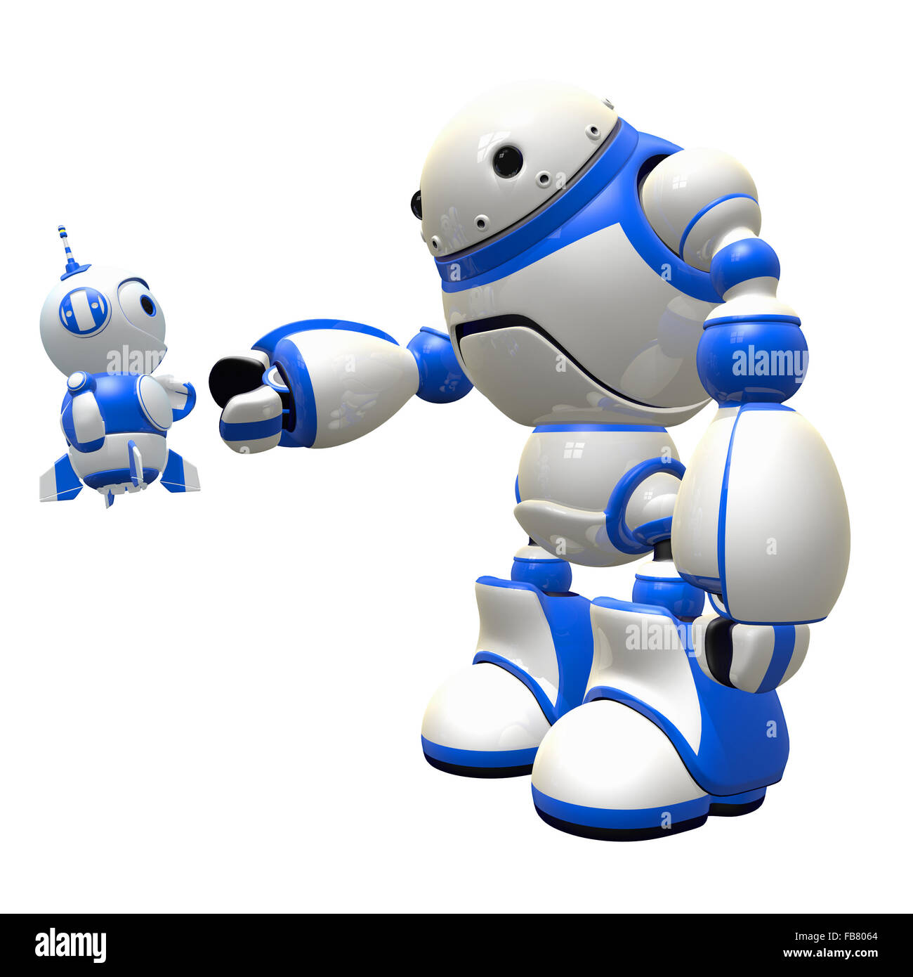Little robot and big robot shaking hands and becoming friends. Isn't it cute?. Stock Photo