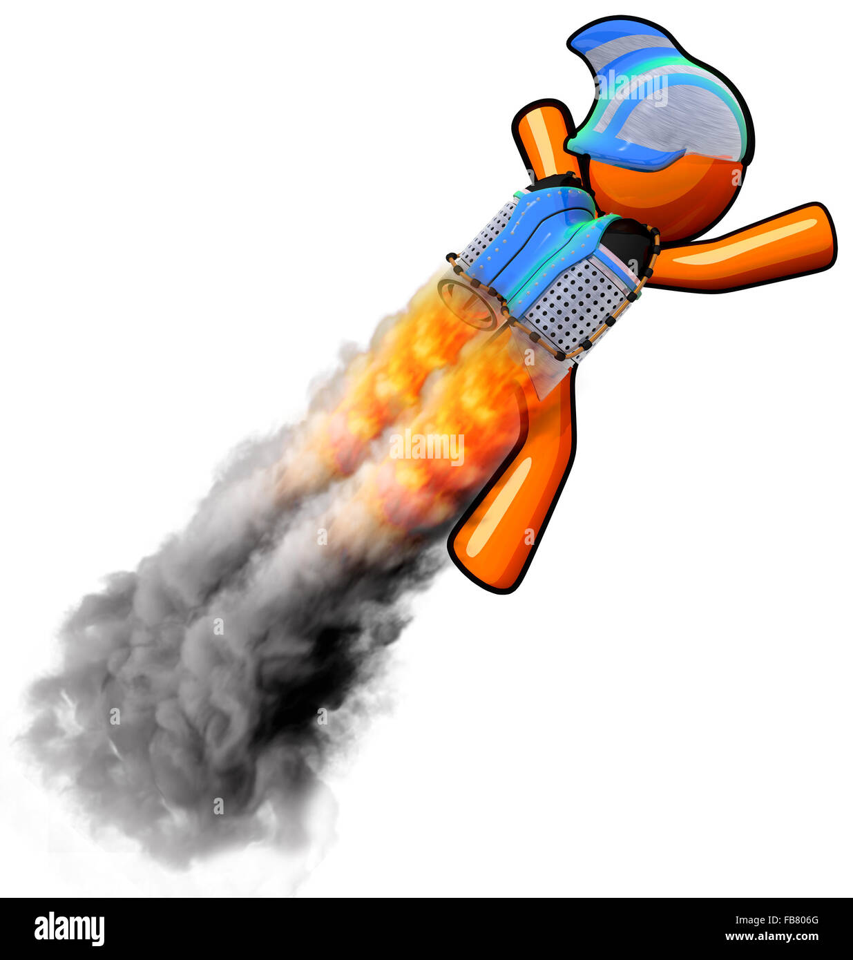 A rocket man flying. Smoke simulation is 3d generated. Stock Photo