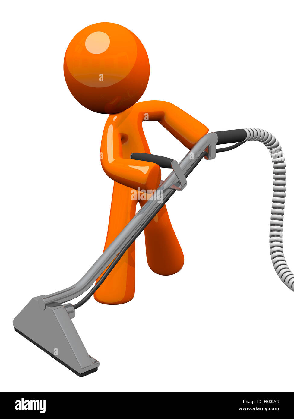 Orange man with steam cleaner carpet wand, extracting floor Stock Photo