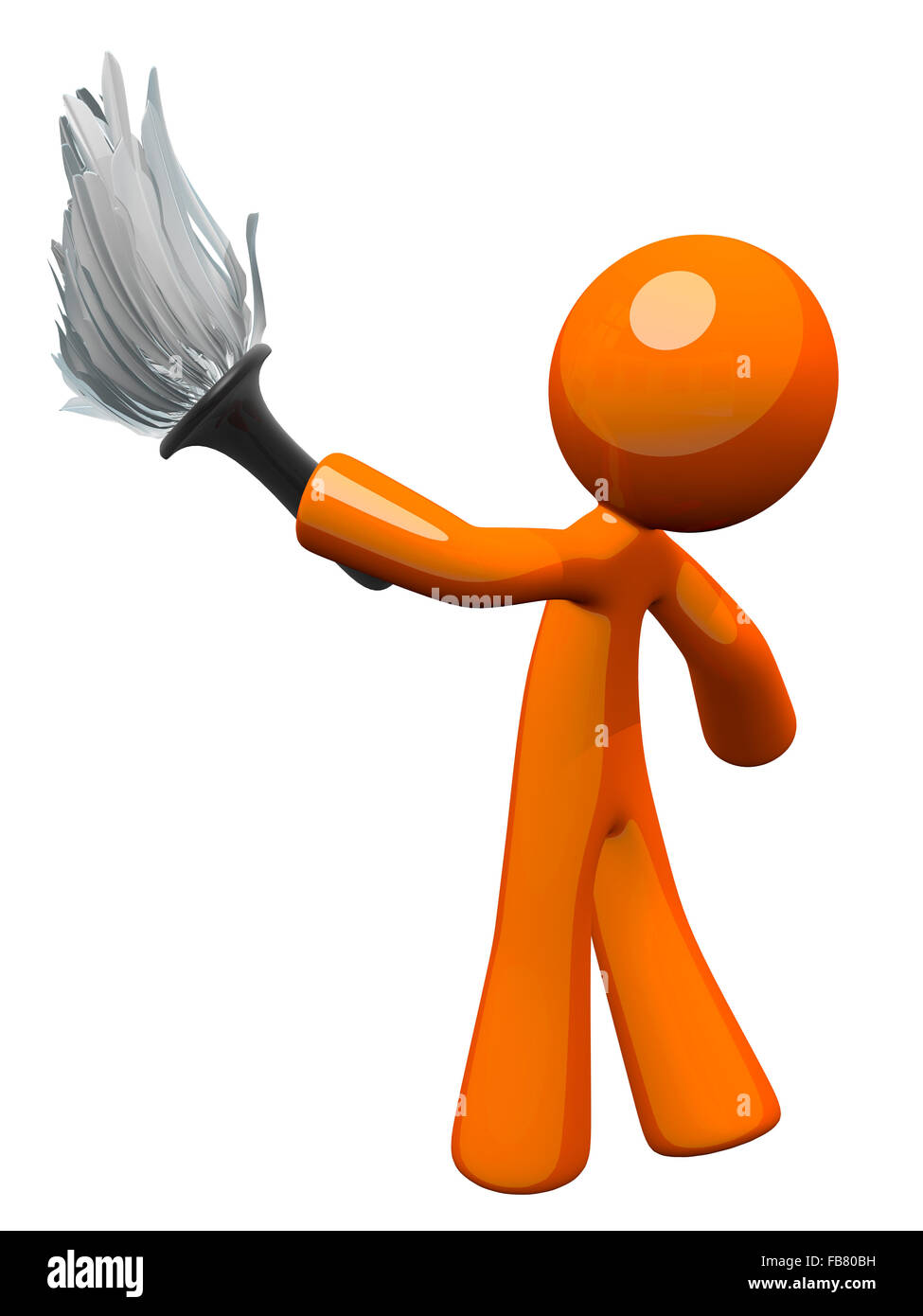 Orange man holding a feather duster, working to clean upkeep home. Stock Photo