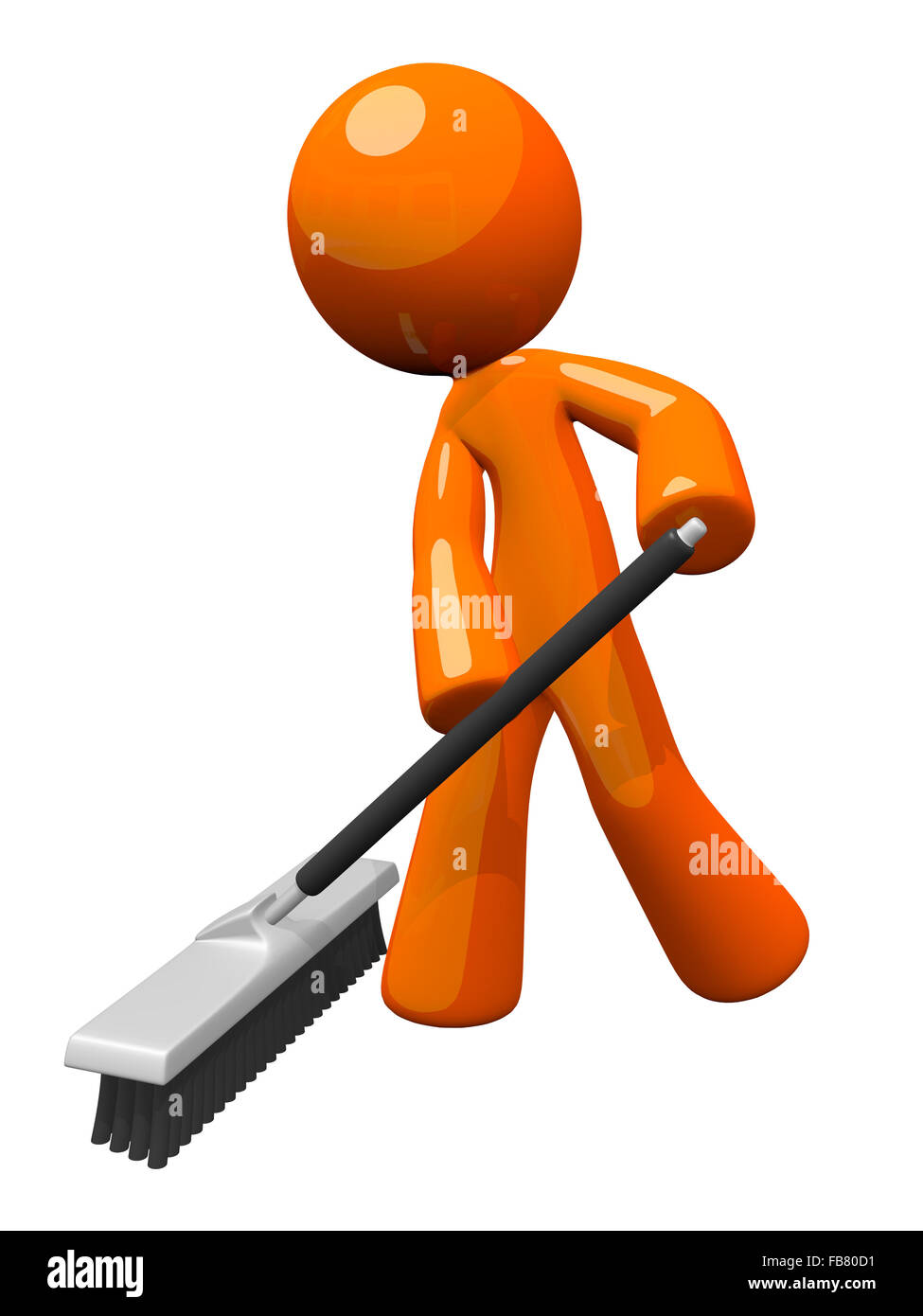 Orange man sweeping and pushing a broom. Stock Photo