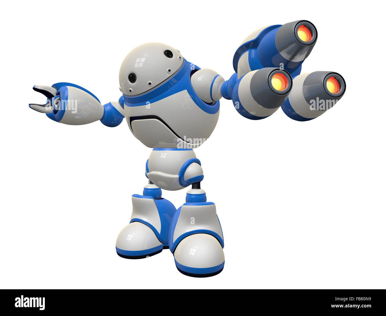 Fictional concept in internet security. A robot three plasma guns at possible spyware or virus. Stock Photo