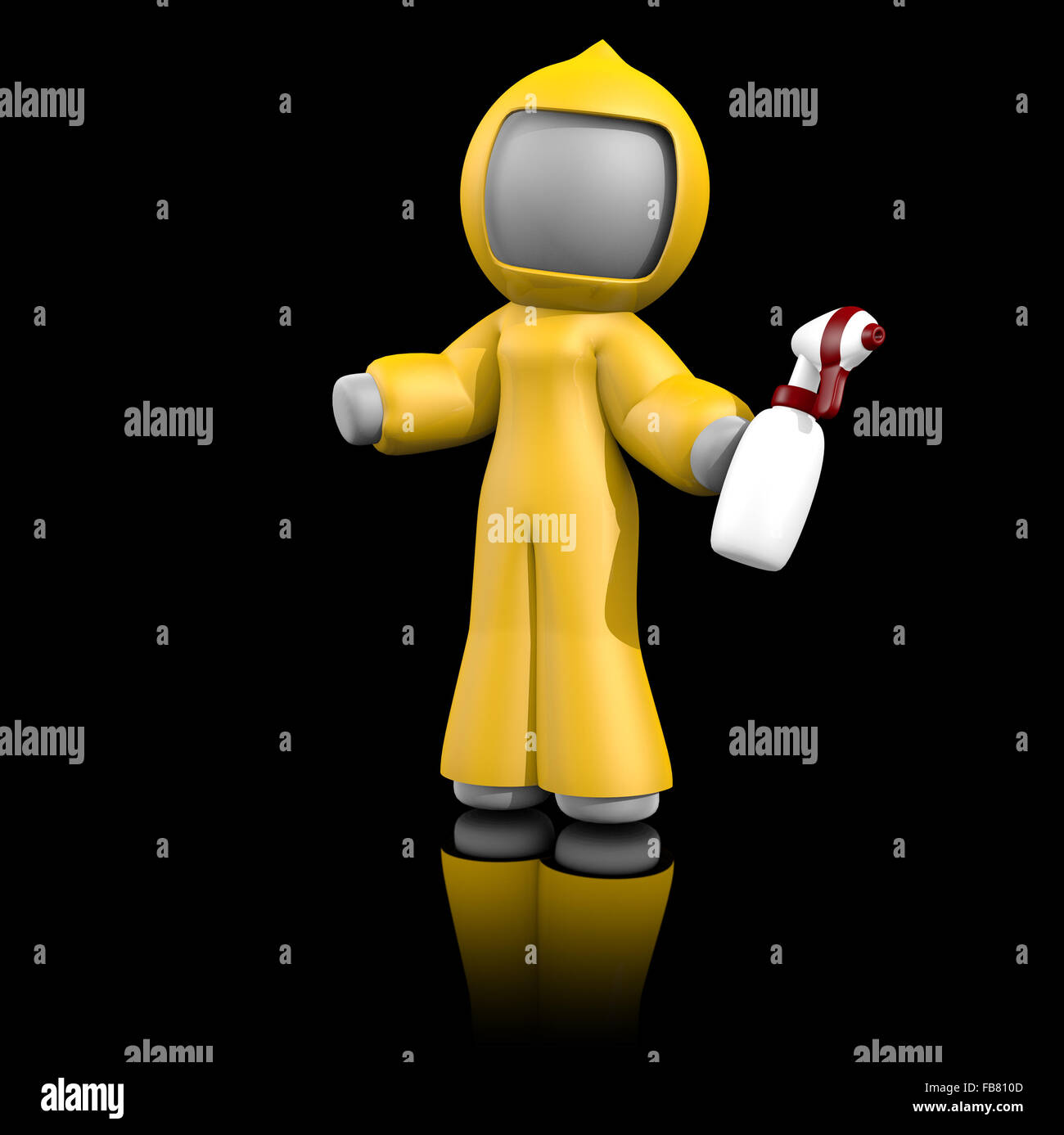 3d lady with sprayer, ready to clean up bio-hazard or disaster area. Yellow suit, red and white sprayer, gray 3d woman! Dark re. Stock Photo