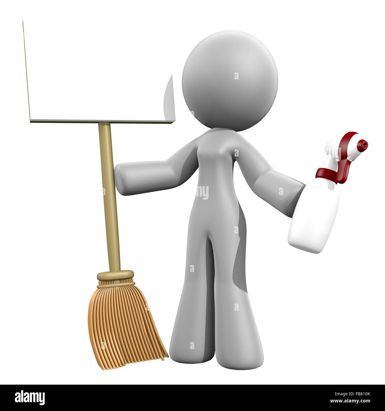 3d lady holding sign that doubles as a broom - a classy concept to advertise cleaning services. Stock Photo