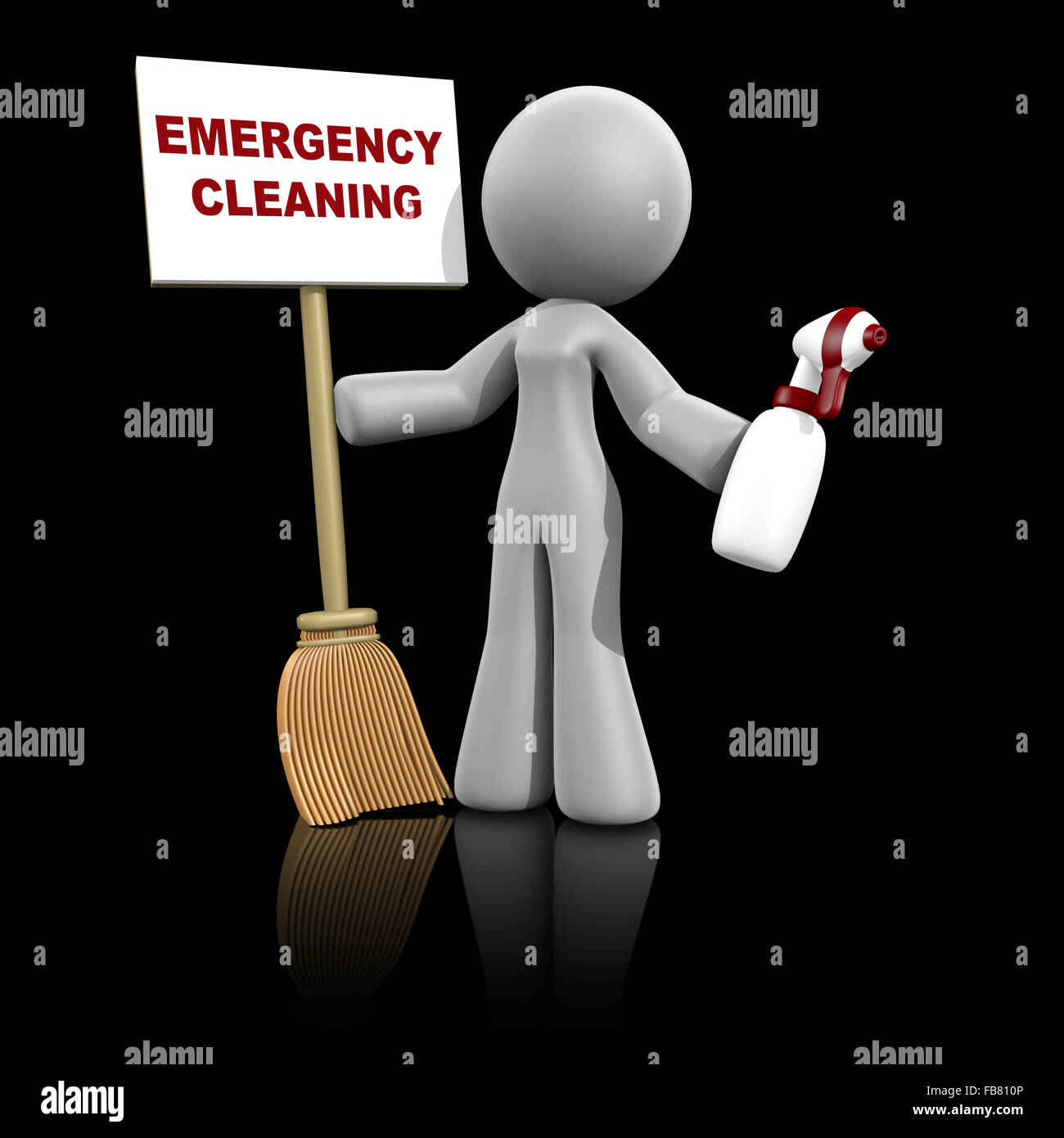 3d lady holding sign that doubles as a broom - a classy concept to advertise cleaning services. Dark reflective background. Stock Photo