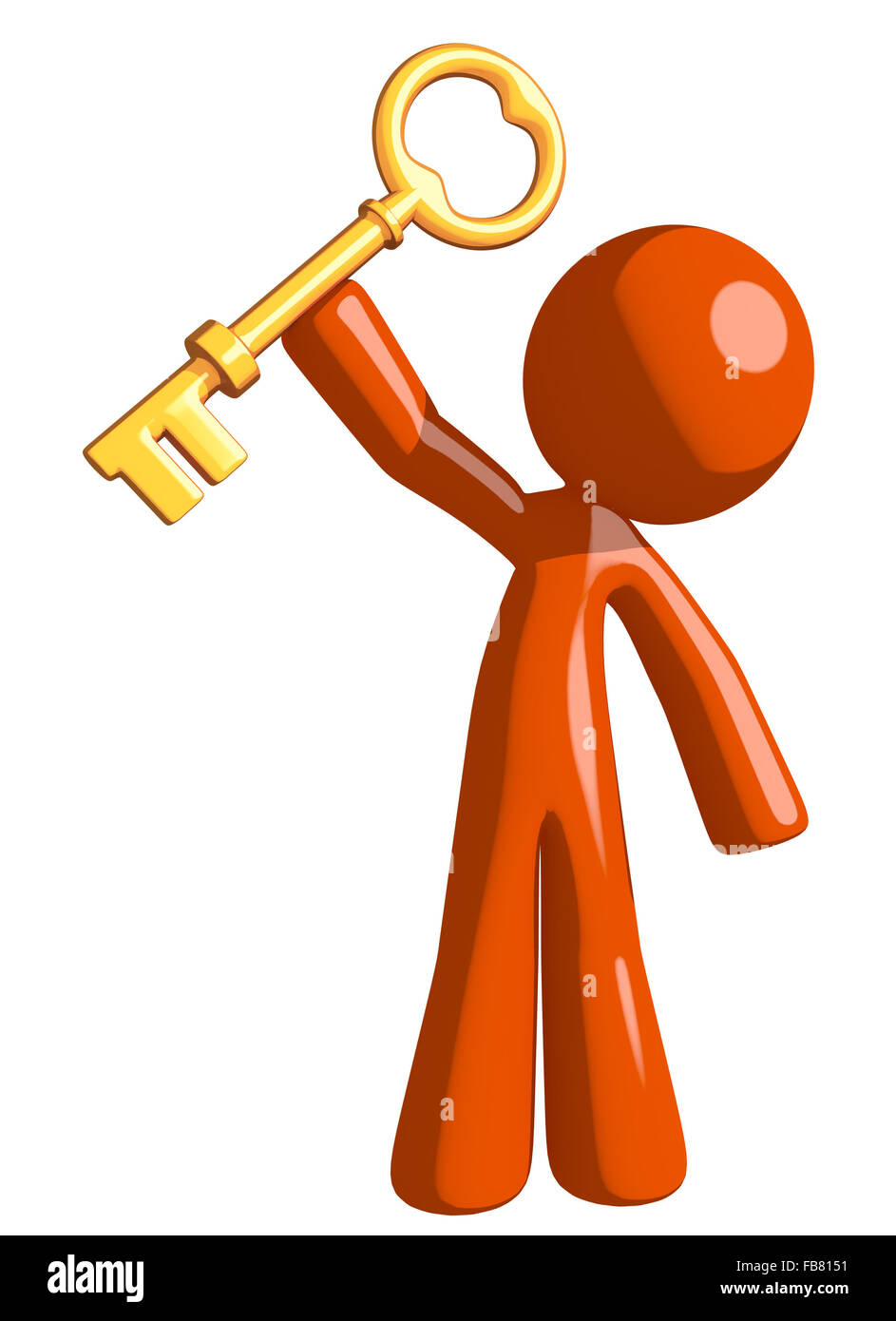 Orange man holding up key to success. Stock Photo