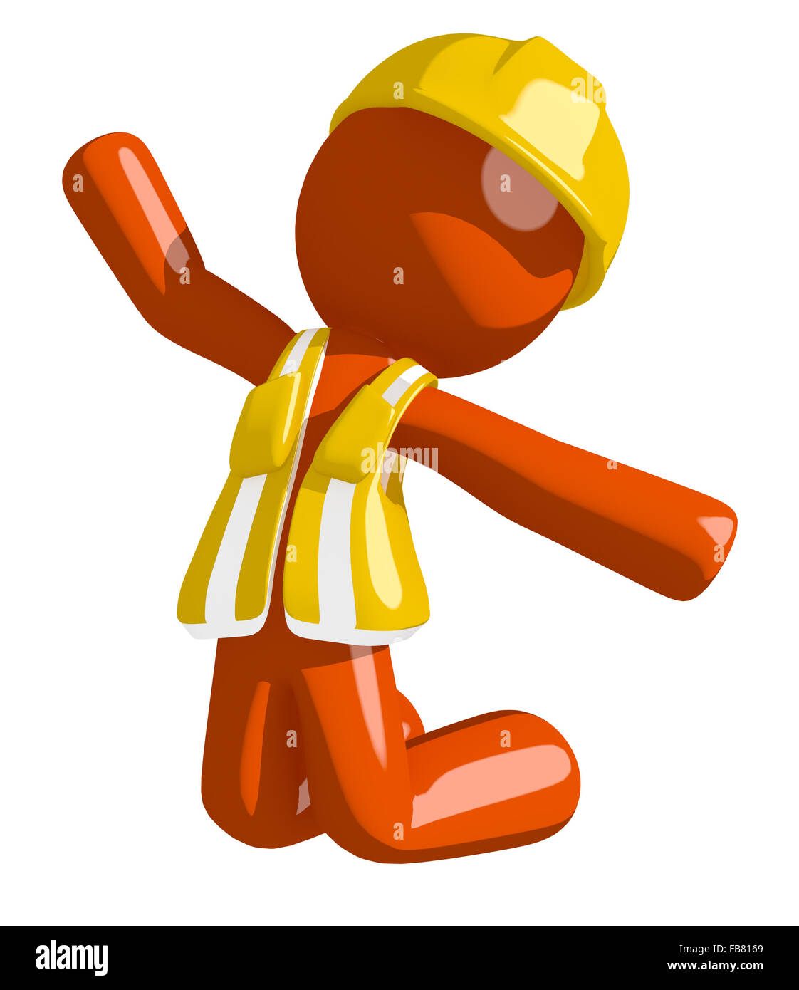 Orange man construction worker  jumping or kneeling. Stock Photo