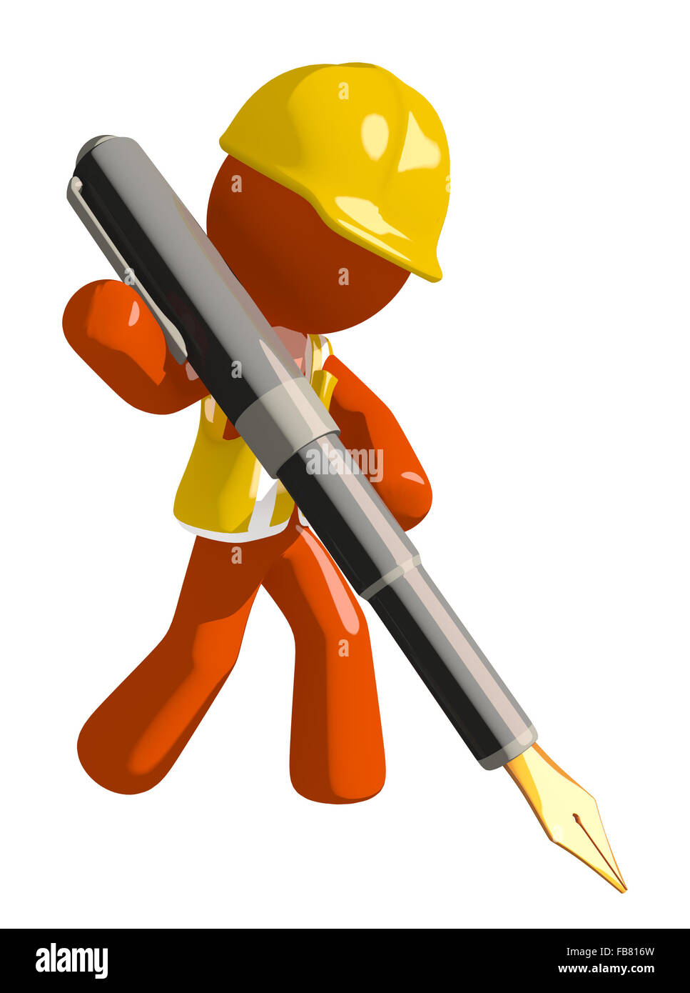 Orange man construction worker  writing with fountain pen. Stock Photo
