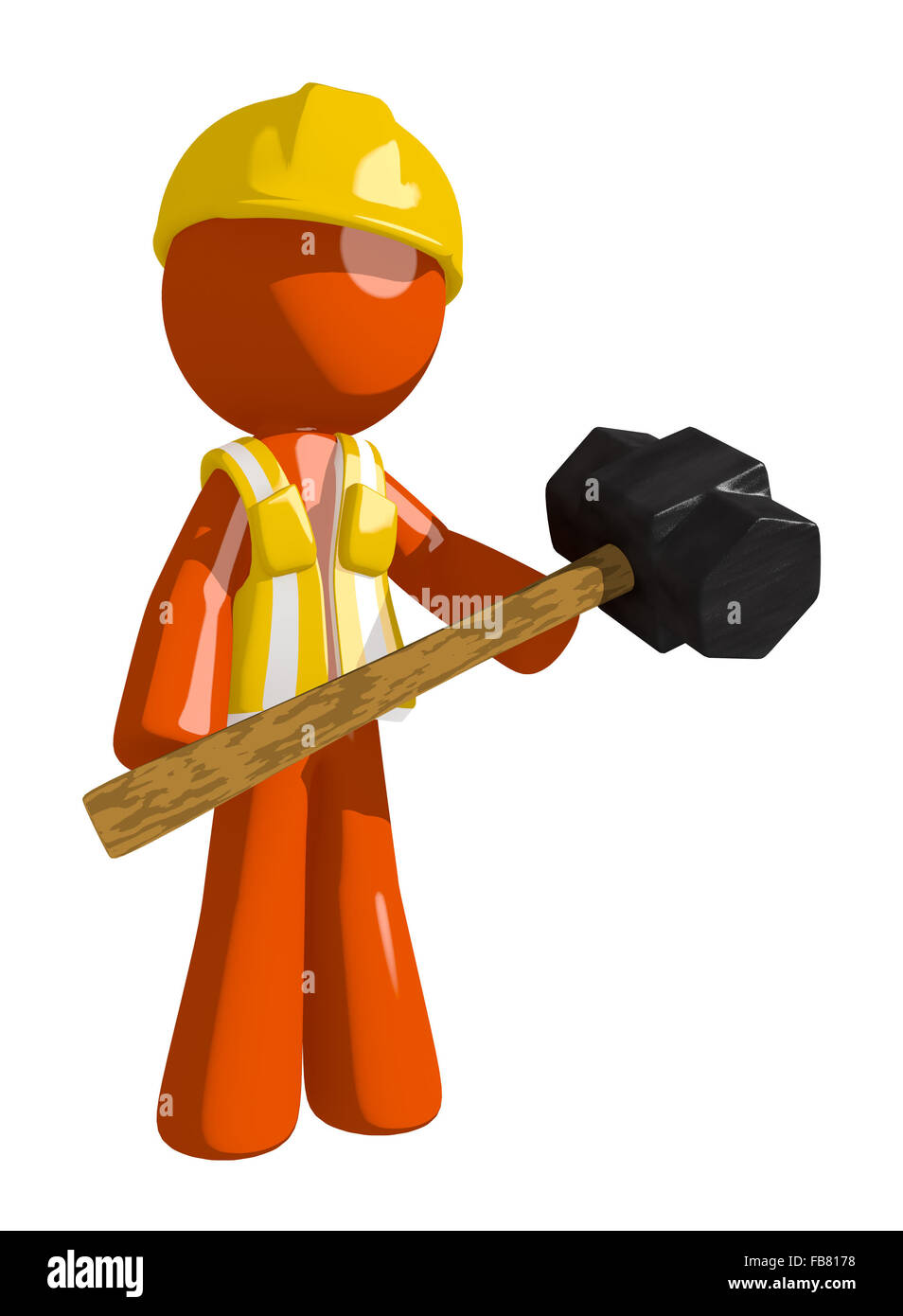 Orange man construction worker  man holding giant sledge hammer. Stock Photo