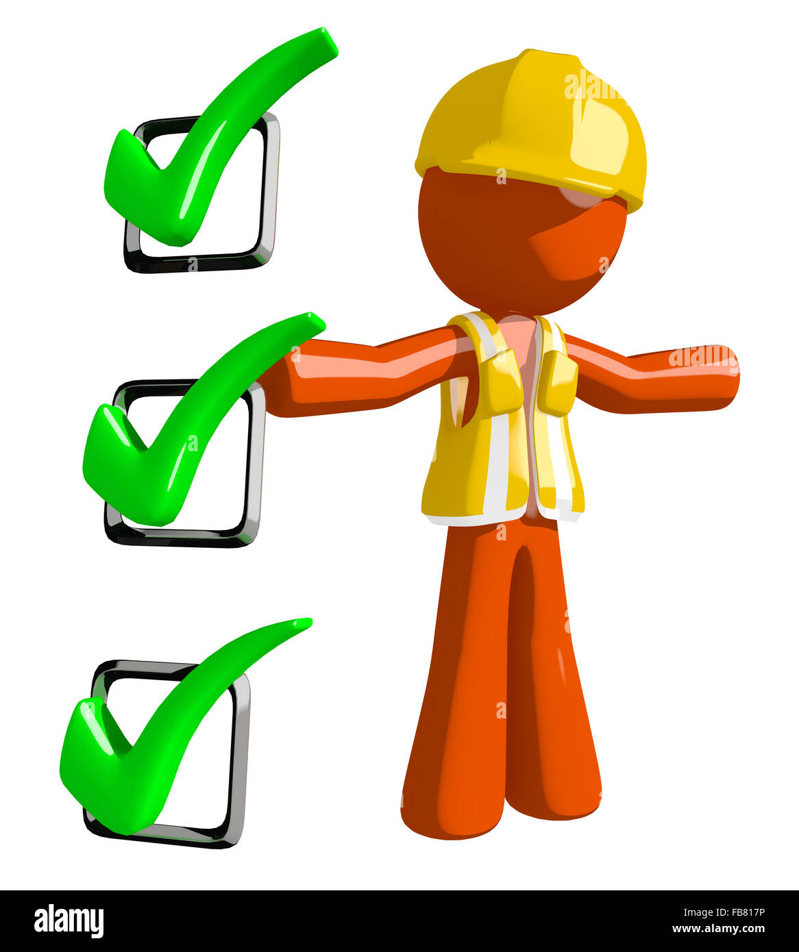 Orange man construction worker  presenting green checkmark list. Stock Photo