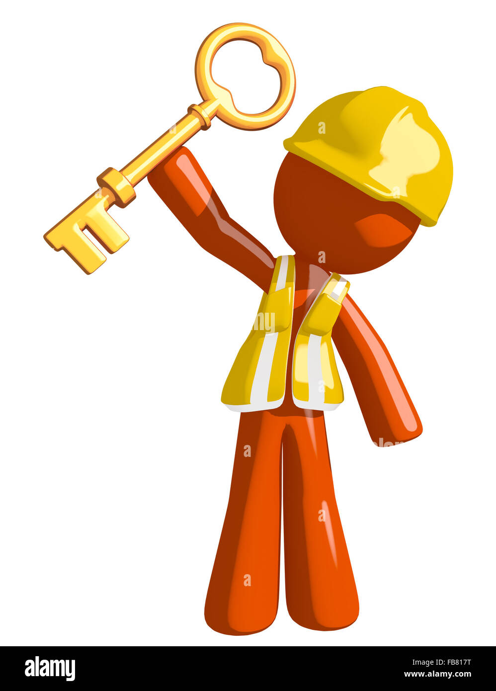 Orange man construction worker  holding up key to success. Stock Photo