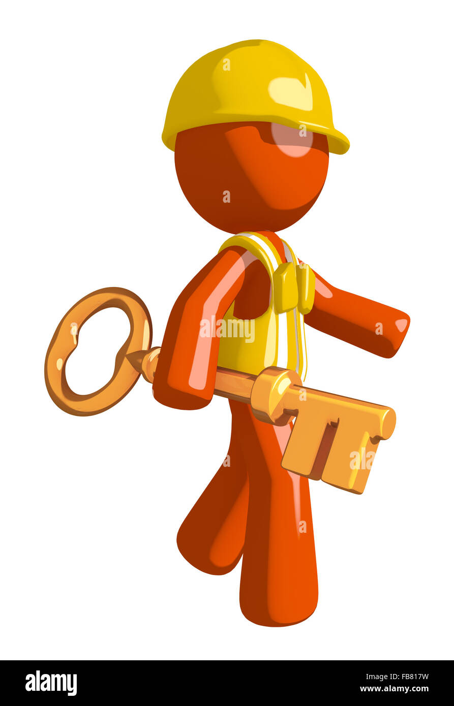 Orange man construction worker  walking with gold key. Stock Photo