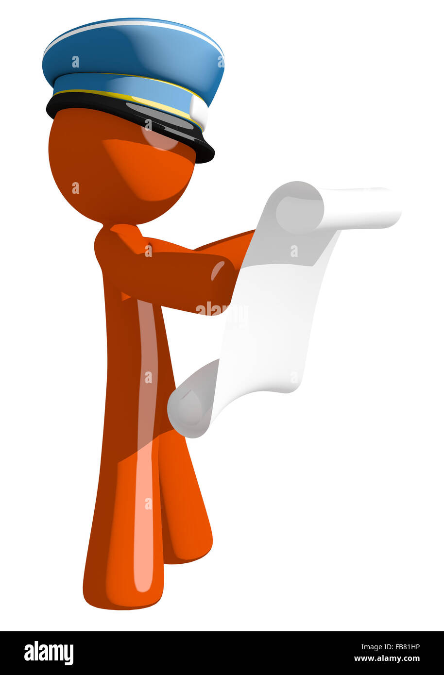 Orange man postal mail worker  reading schematic front. Stock Photo