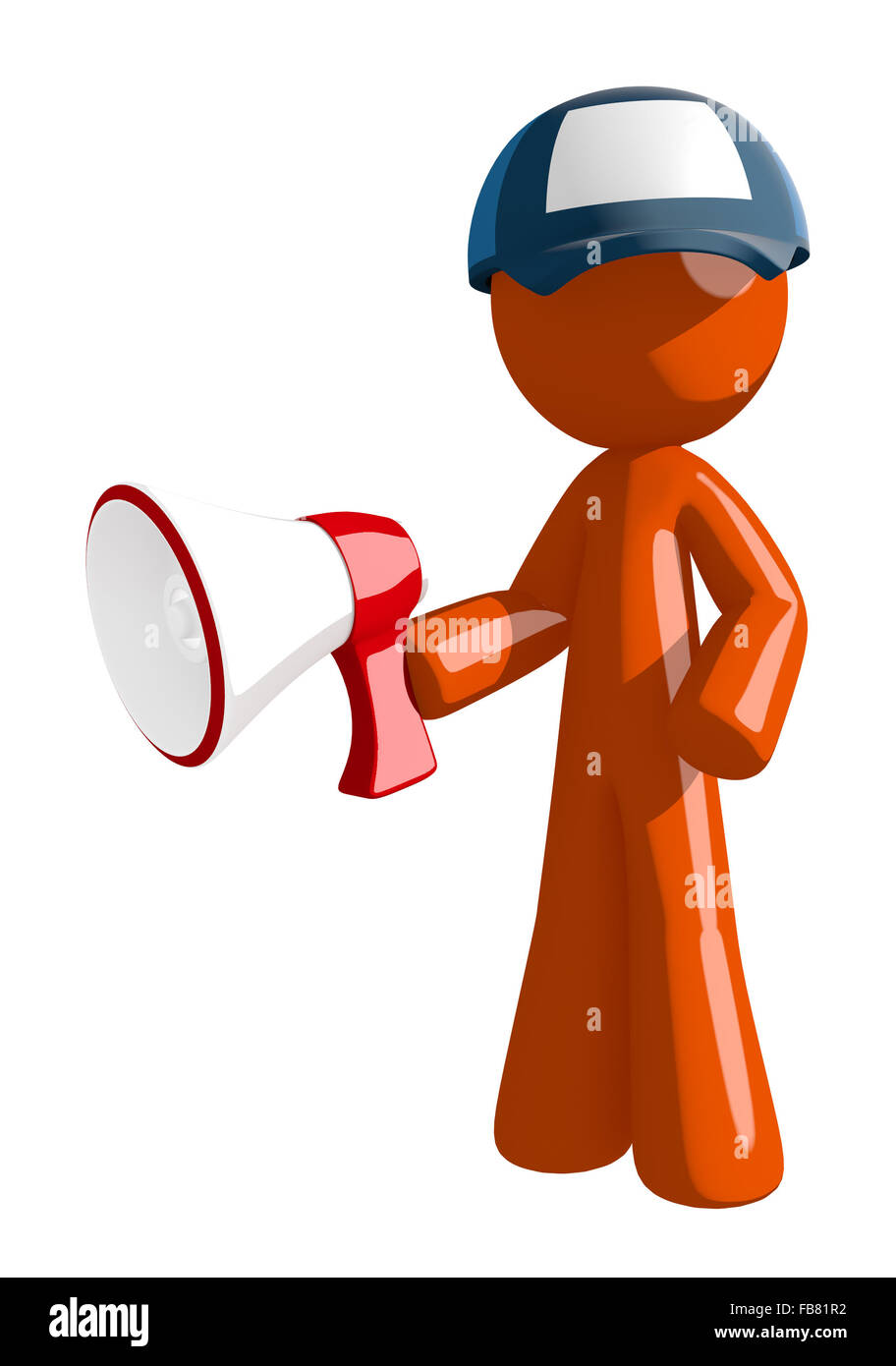 Orange man postal mail worker  holding megaphone. Stock Photo