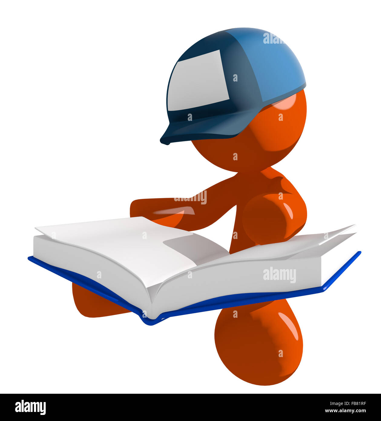 Orange man postal mail worker  sitting reading big book. Stock Photo