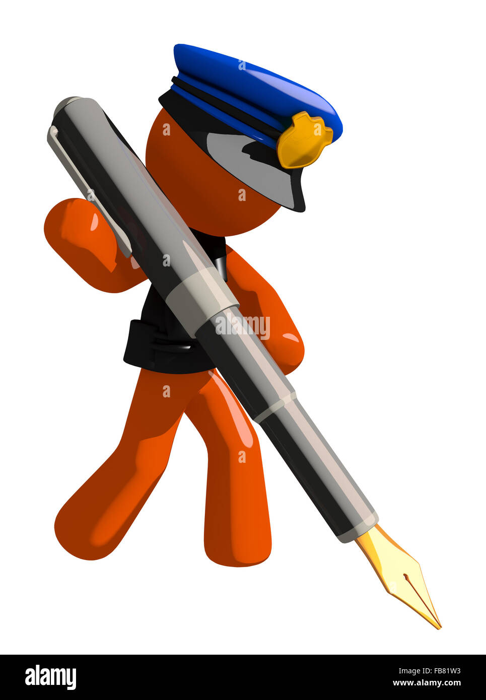 Orange man police officer  writing with fountain pen. Stock Photo