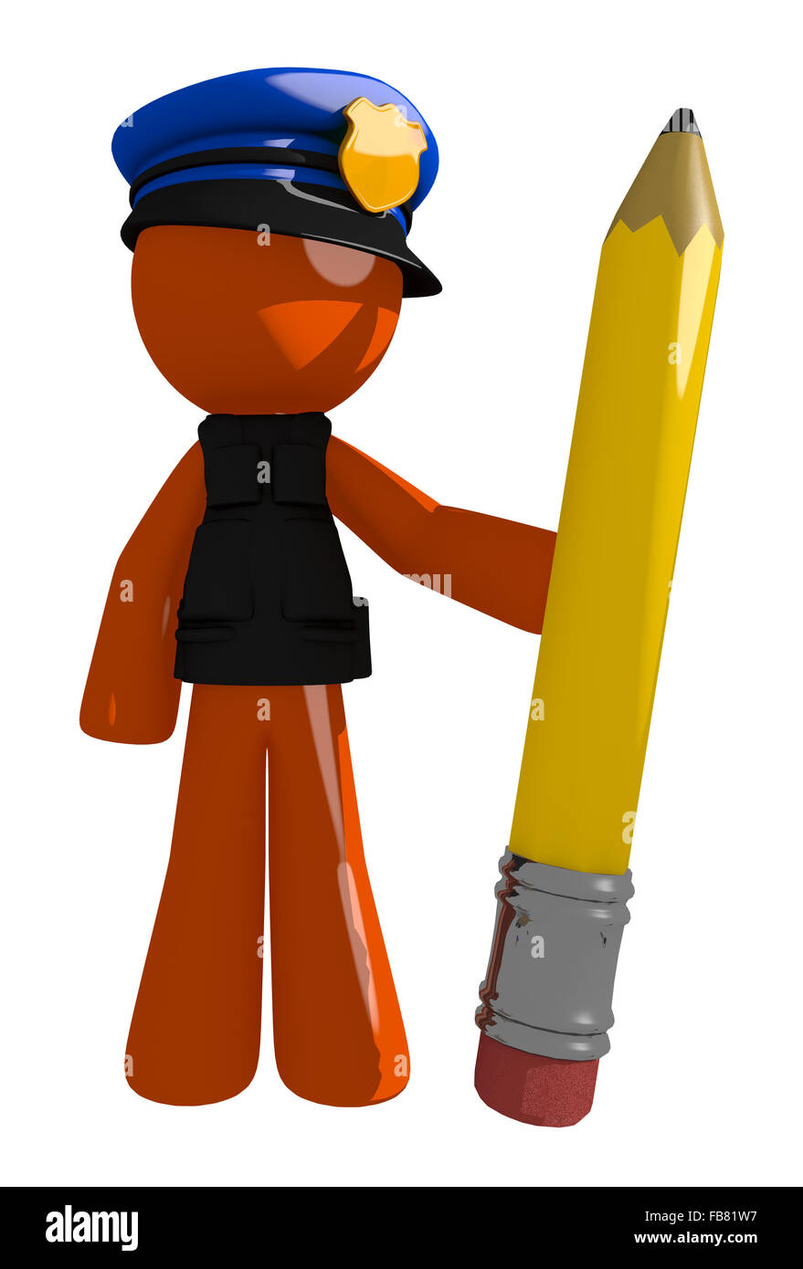 Orange man police officer  holding giant pencil. Stock Photo