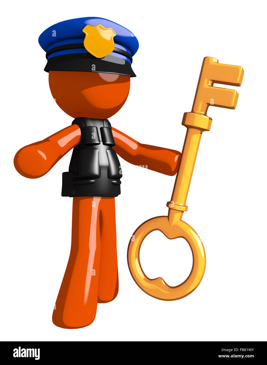 Orange man police officer  holding key. Stock Photo