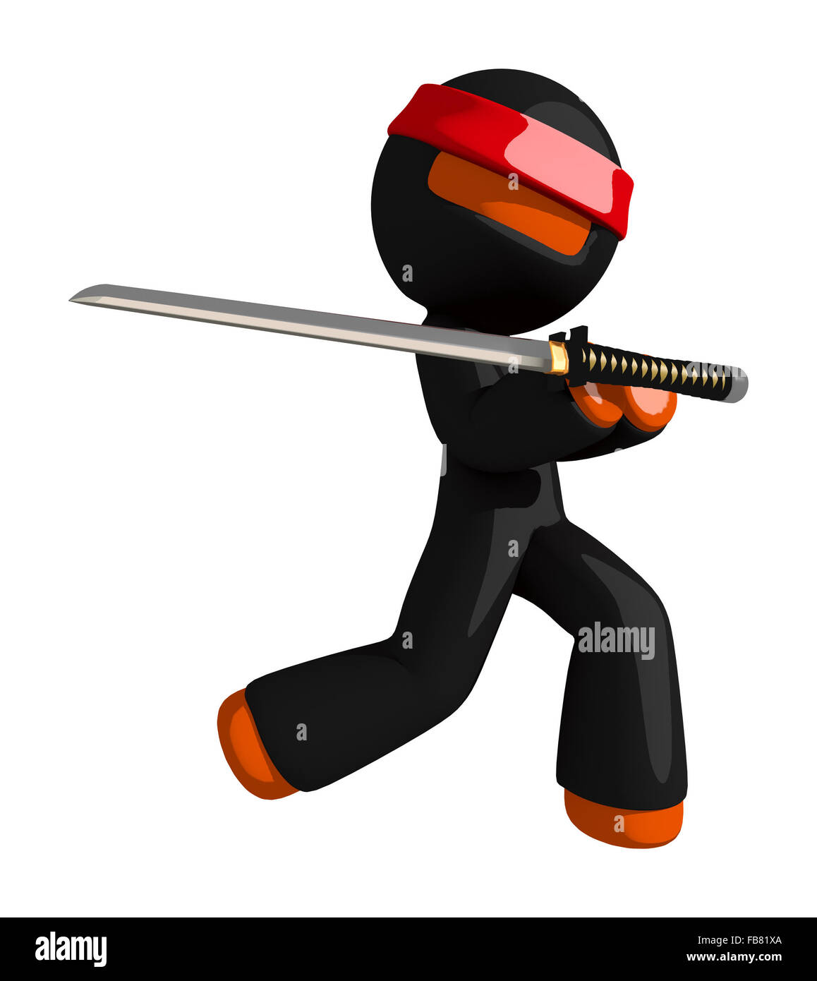 Orange man ninja warrior elegant sword pose. Stock Photo