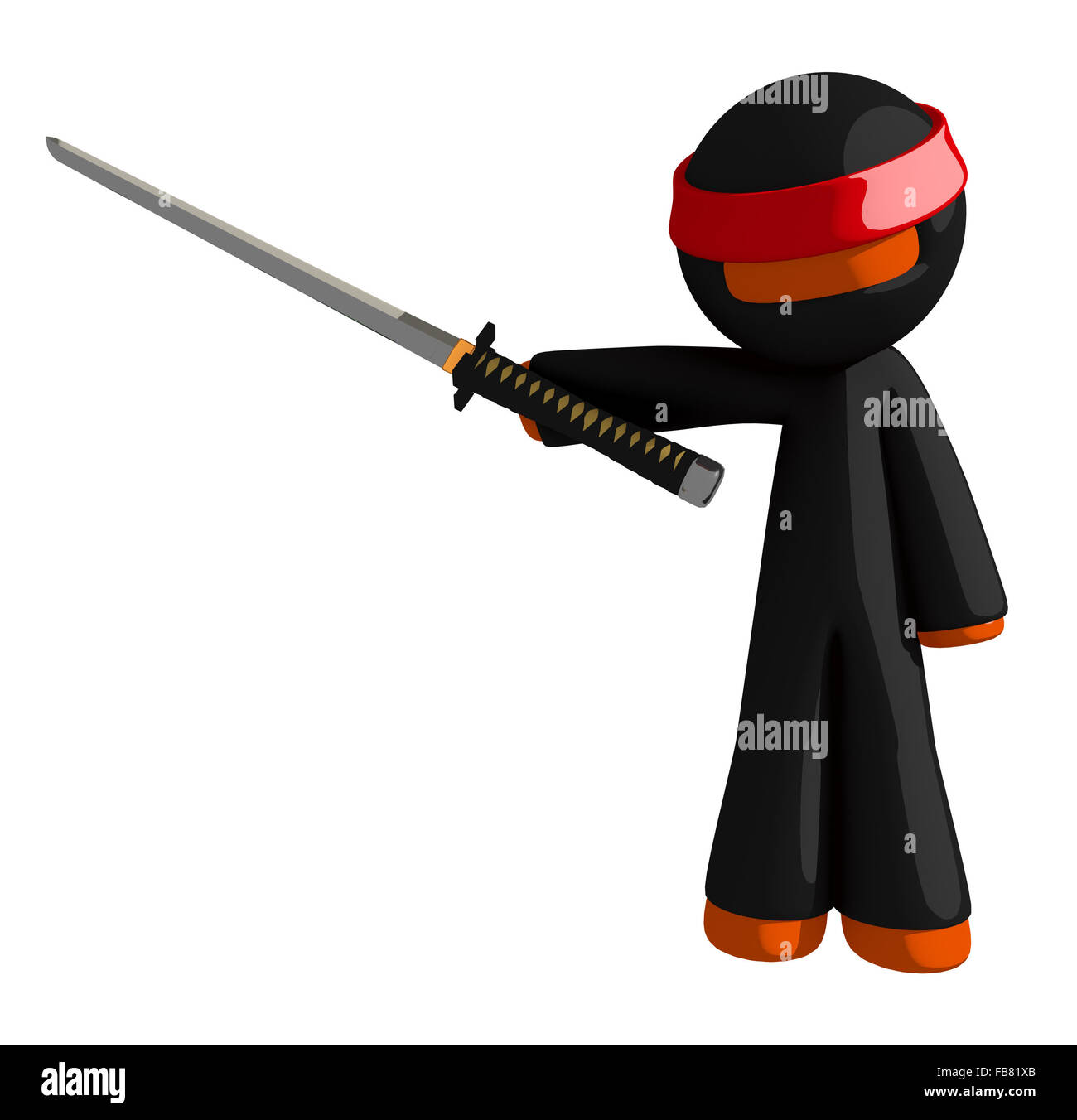 Orange man ninja warrior pointing with sword. Stock Photo