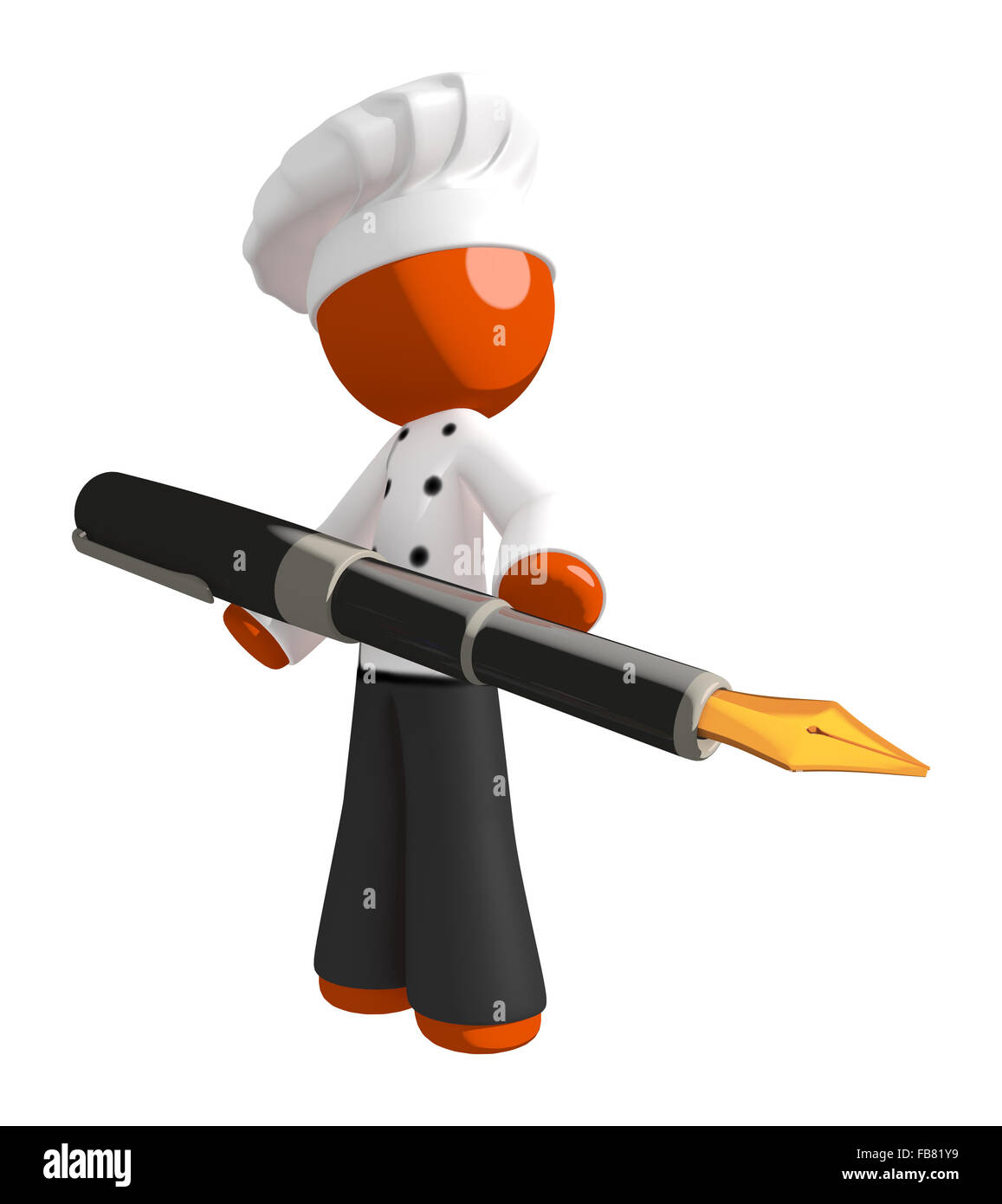 Orange man chef standing with fountain pen. Stock Photo