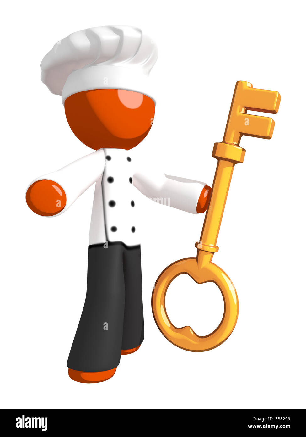 Orange man chef holding large key facing audience. Stock Photo