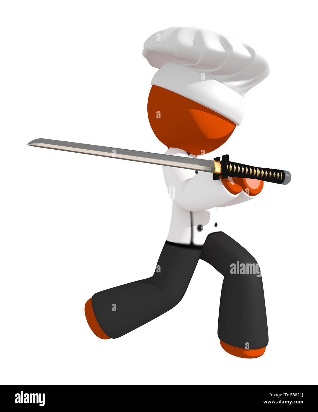 Orange man chef ninja warrior pose with ninja sword. Stock Photo
