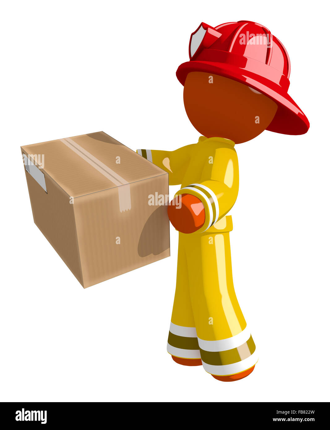 Orange man firefighter delivering box left. Stock Photo
