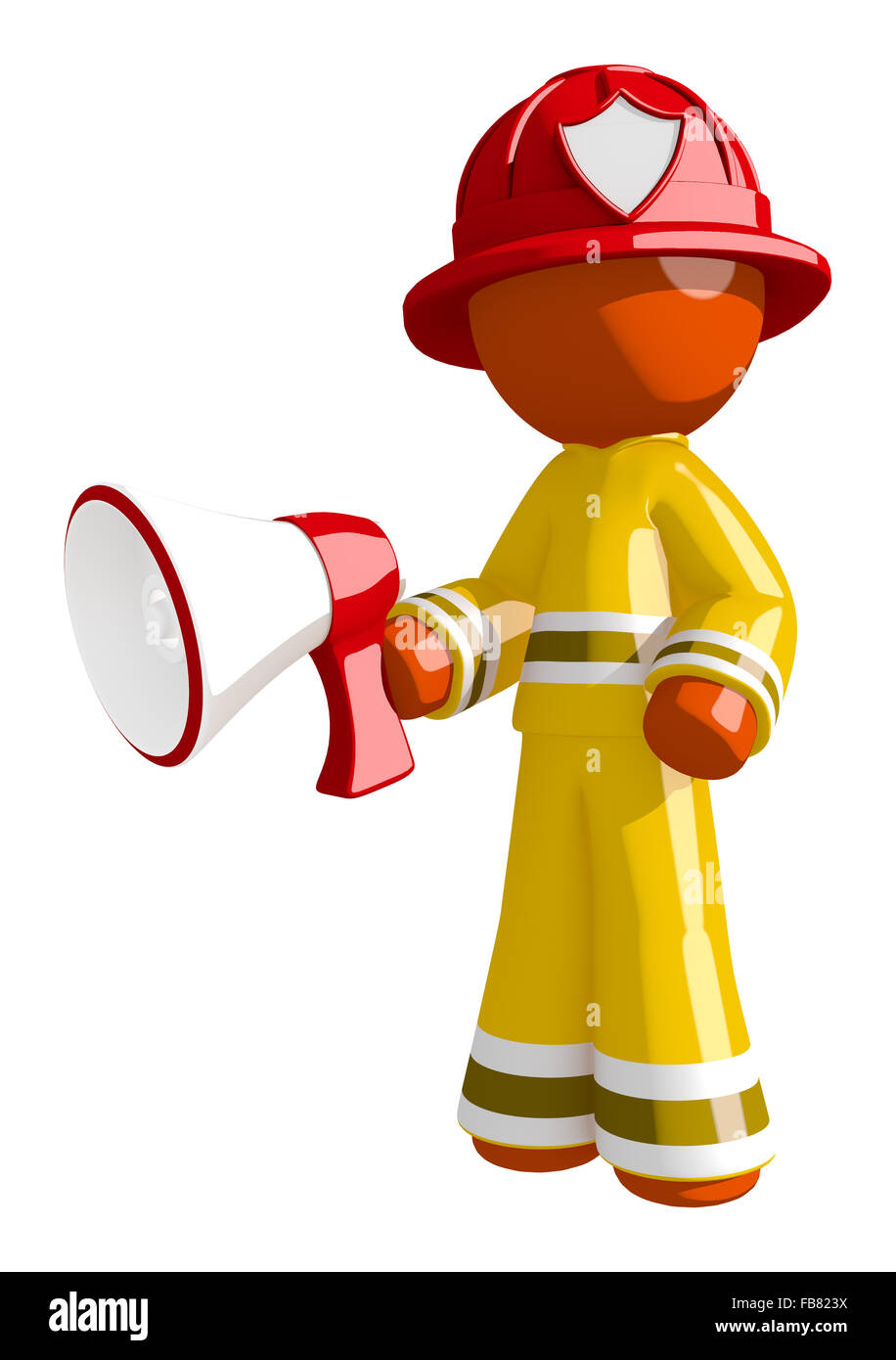 Orange man firefighter holding megaphone. Stock Photo