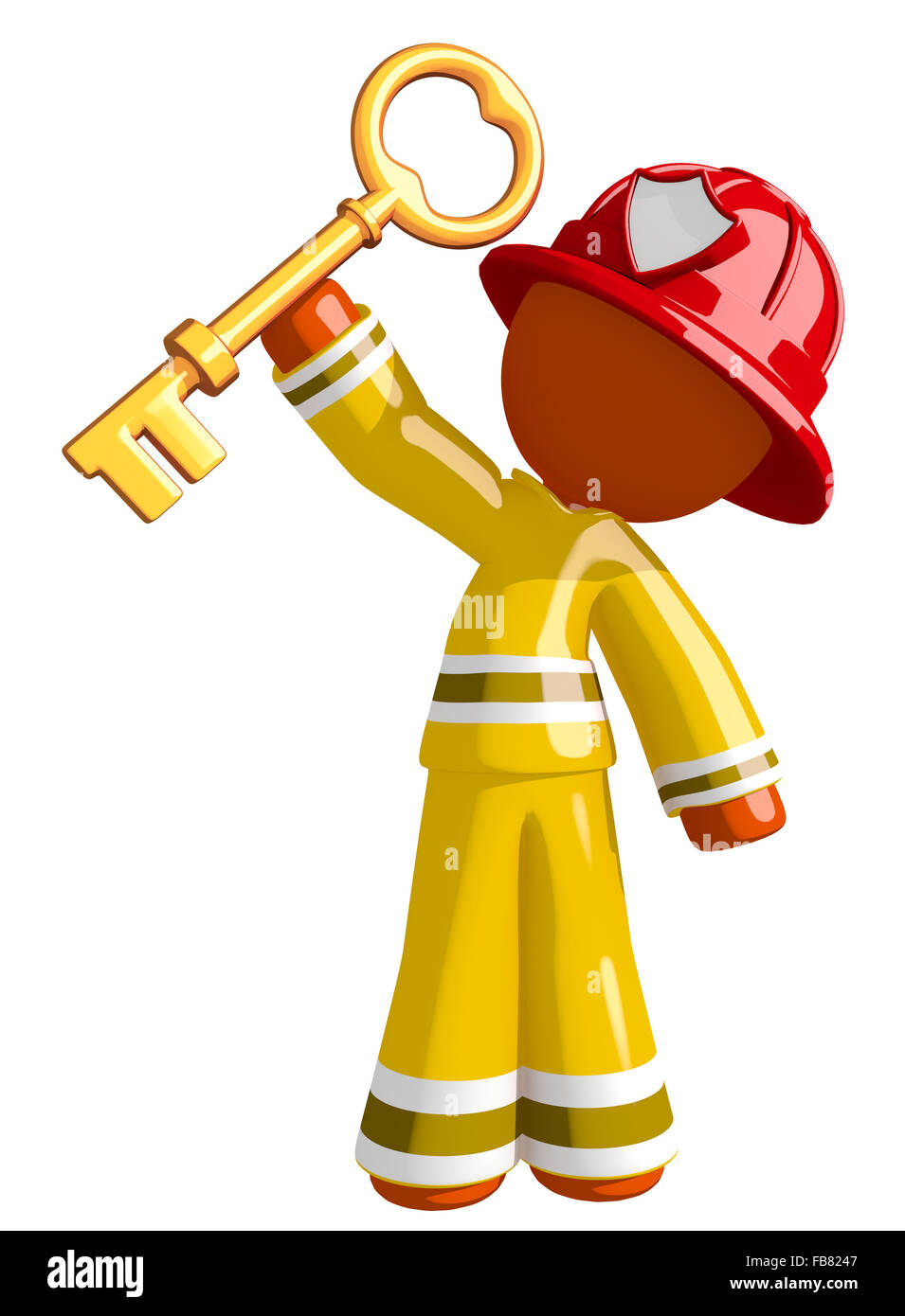 Orange man firefighter holding huge key. Stock Photo
