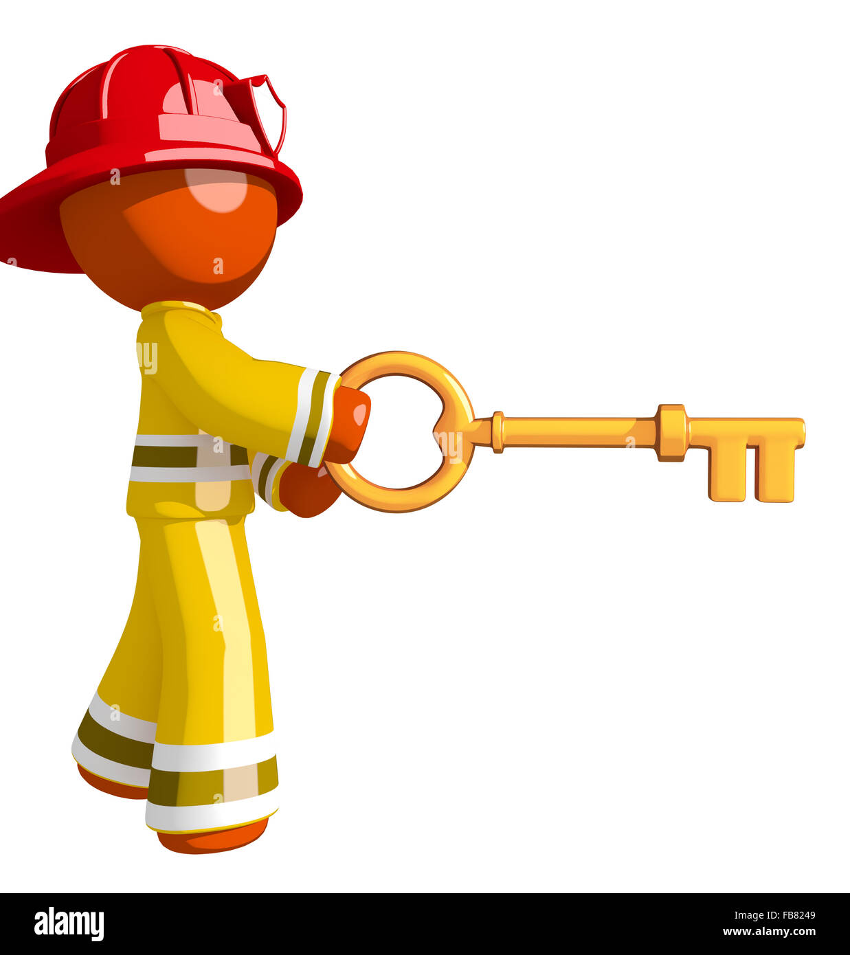Orange man firefighter using oversized gold key. Stock Photo