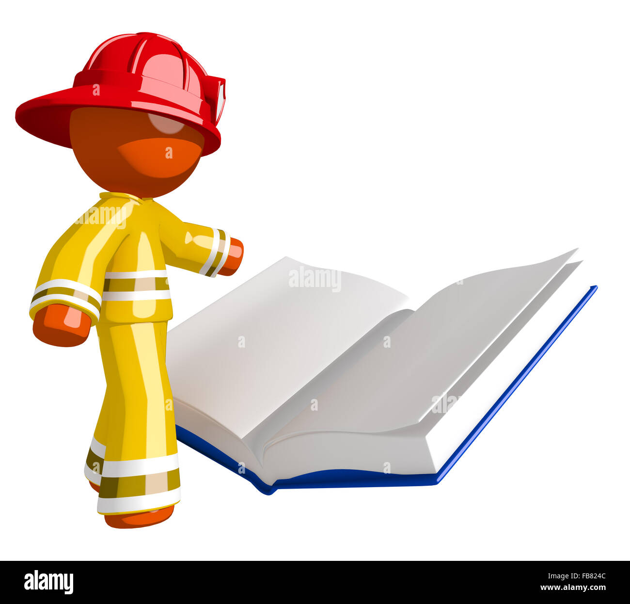Orange man firefighter reading regulations book. Stock Photo