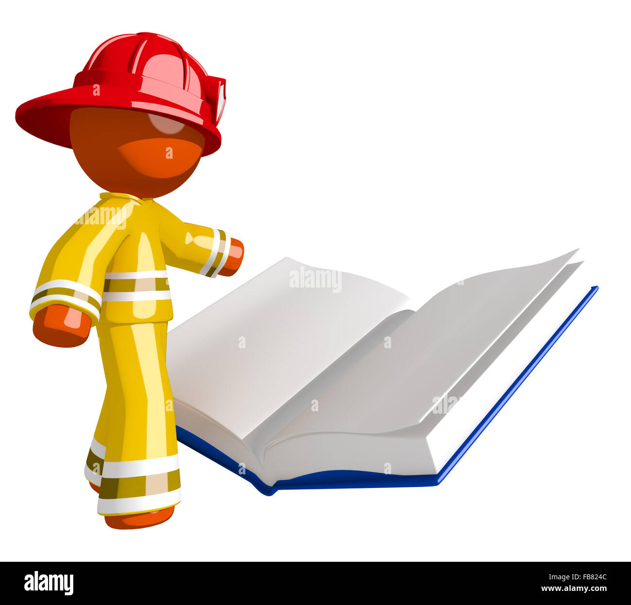 Orange man firefighter reading regulations book Stock Photo Alamy