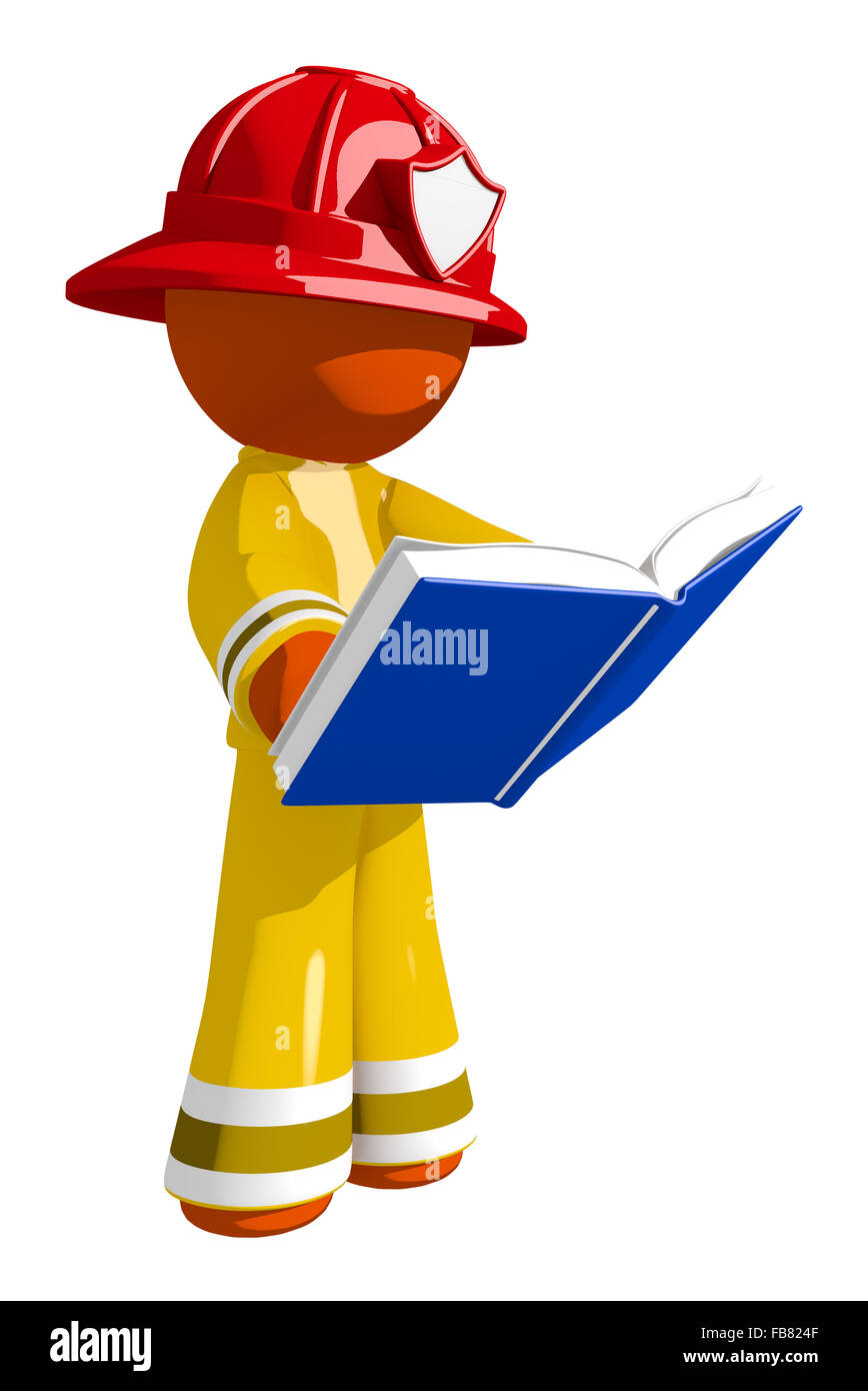 Orange man firefighter reading book. Stock Photo