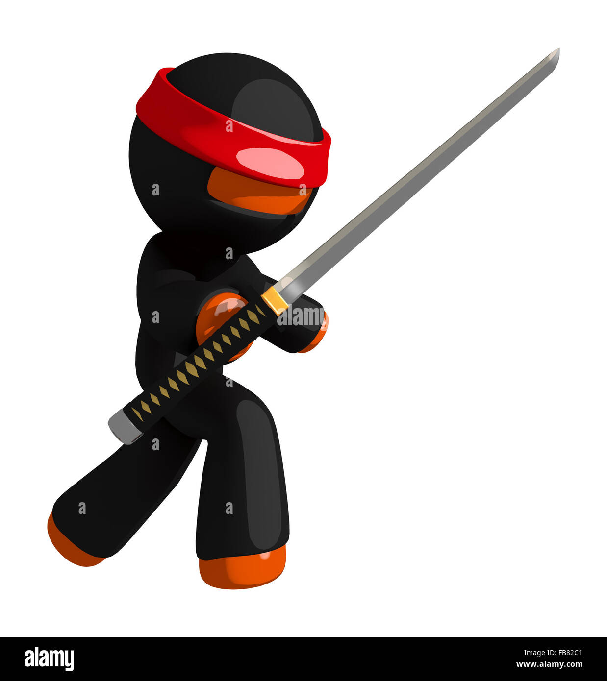 Orange man ninja warrior sword defence stance. Stock Photo