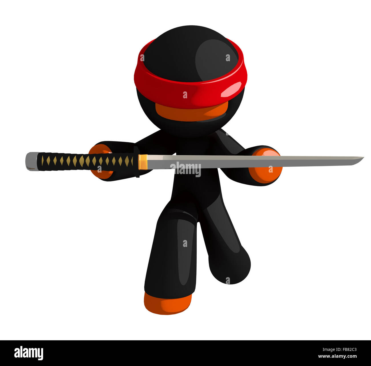 Orange man ninja warrior bowing and presenting sword. Stock Photo