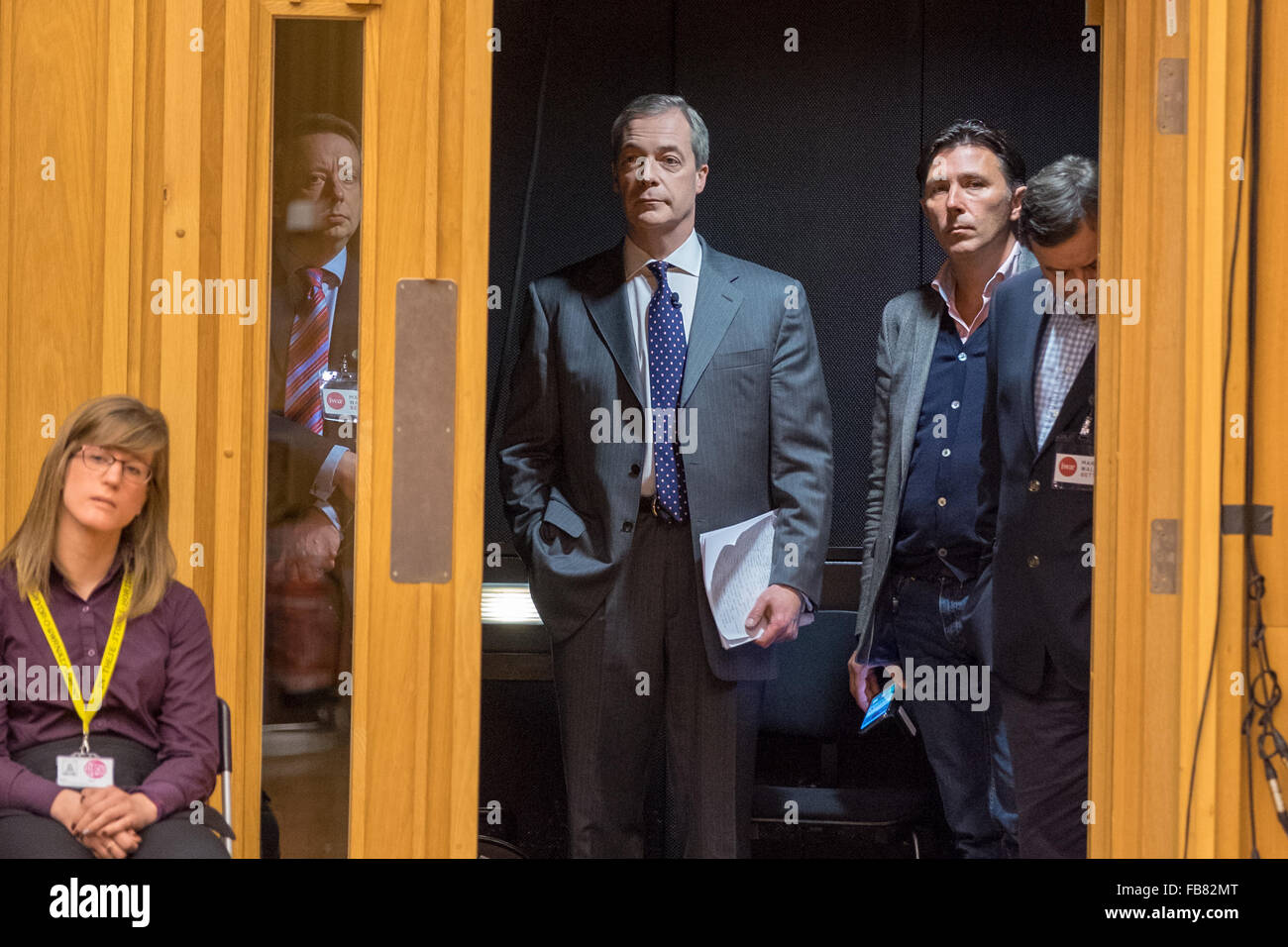 Wales Millennium Centre, Cardiff bay, Cardiff, Wales, January 11, 2016: IWA (Institute of Welsh Affairs), in partnership with Cardiff University, organises a debate between First Minister Carwyn Jones and Nigel Farage, on European referendum and UK's future in the European Union. Credit:  Daniel Damaschin/Alamy Live News Stock Photo