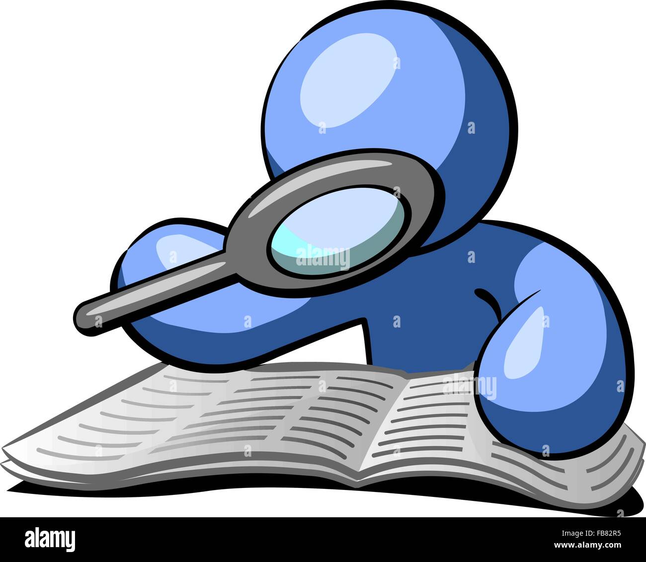 A blue man reading the newspaper with a magnifying glass, increasing the effort of his job hunt. Stock Vector