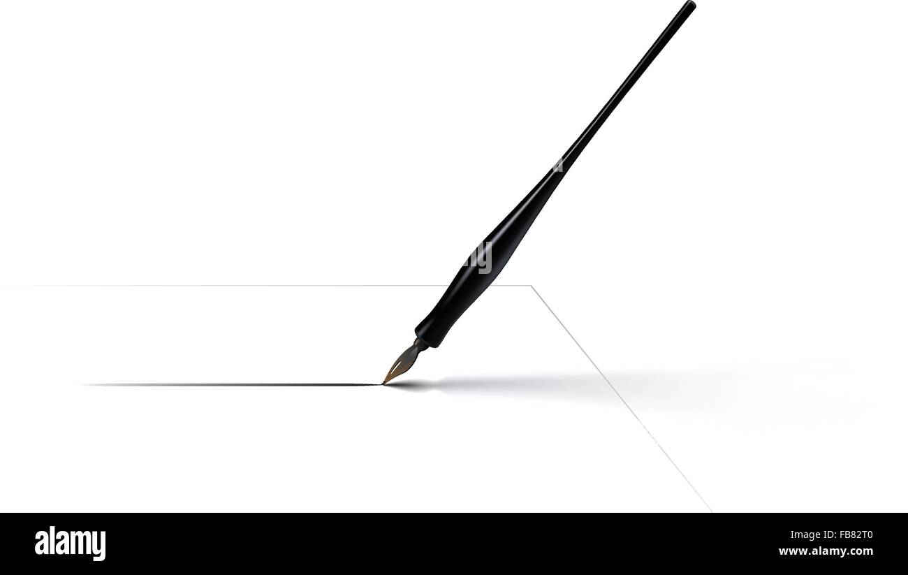 A vector illustration of a calligraphy pen drawing a line with ink on paper, casting a soft