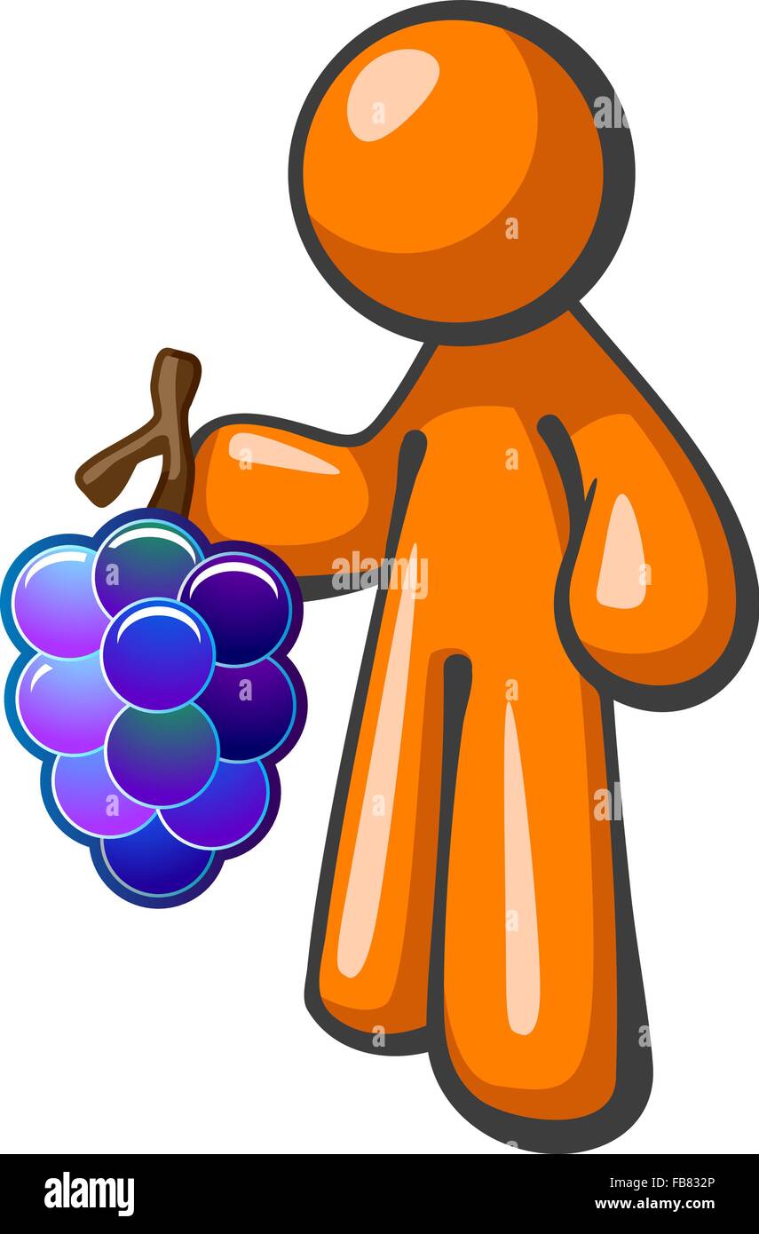 Orange person holding bunch of grapes. Grapes colored to be iconic and attractive. Stock Vector