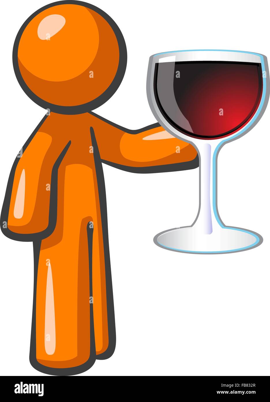 Orange man holding a glass of fine red wine, and a keg behind him, suggesting he may be in a wine cellar. Illustration to depict. Stock Vector