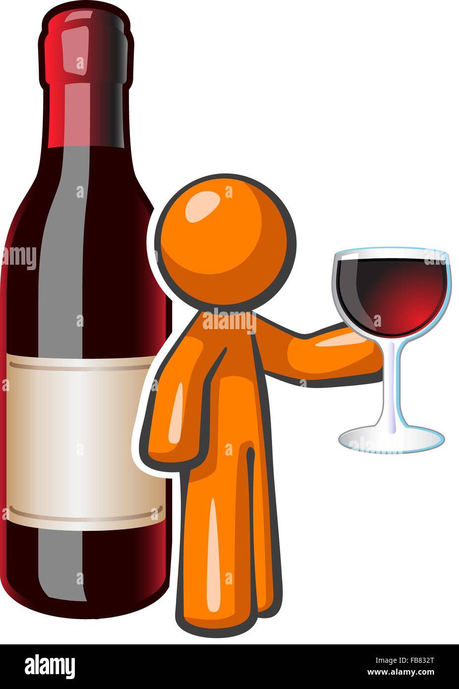 Orange person holding a glass of fine wine with a large wine bottle behind him. Created for advertising fine wine but with a vib. Stock Vector