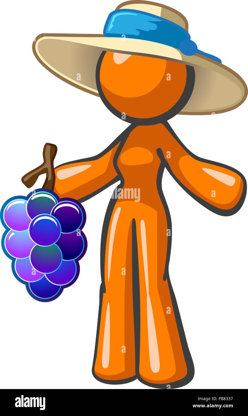 Orange woman holding a large bunch of grapes. Possibly a vineyard worker or farmer market worker. Stock Vector