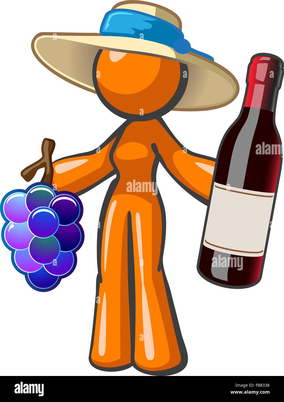 Orange lady holding a large bottle of vintage wine with a blank label. She also has a large bunch of grapes and is wearing a vin. Stock Vector
