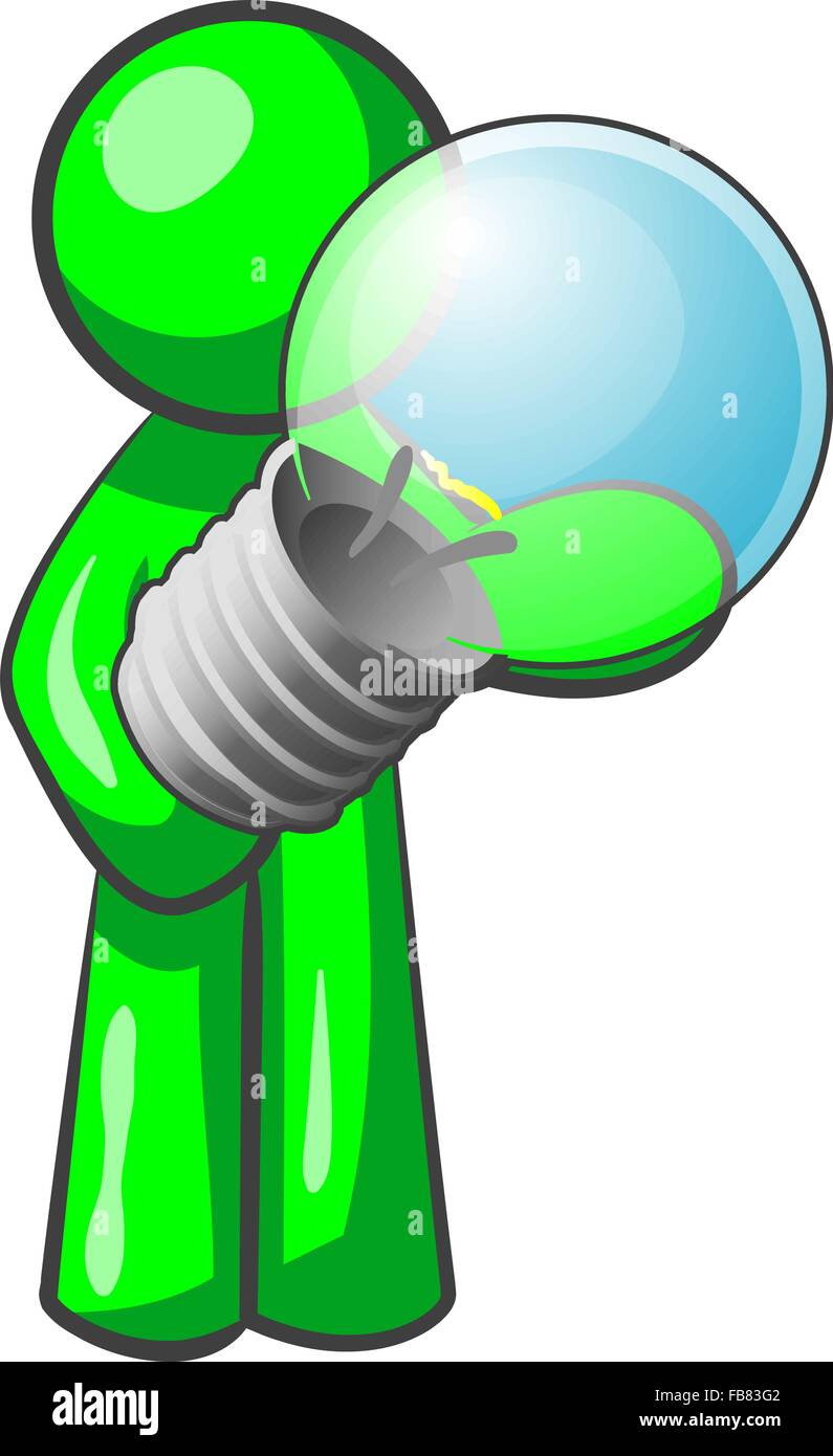 Green man holding a light bulb. Its quite large compared to him, but he obviously wants to state he has a good idea. Stock Vector