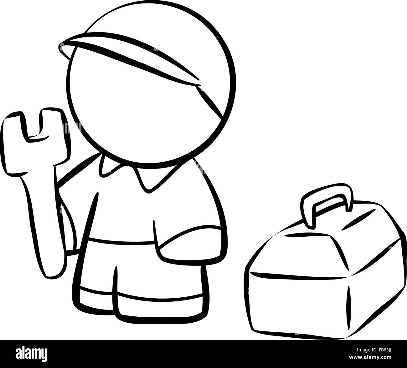 Line drawing of a contractor wit a wrench. Stock Vector