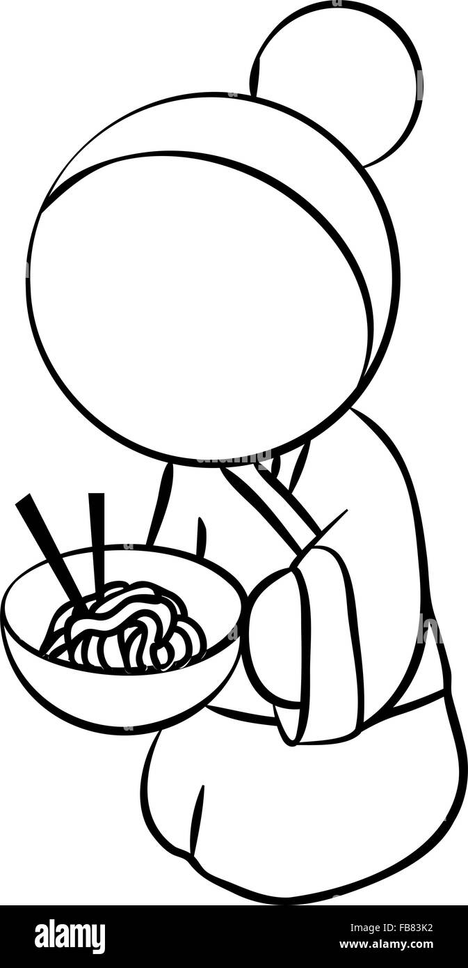 Line drawing of a japanese woman with noodles. Stock Vector