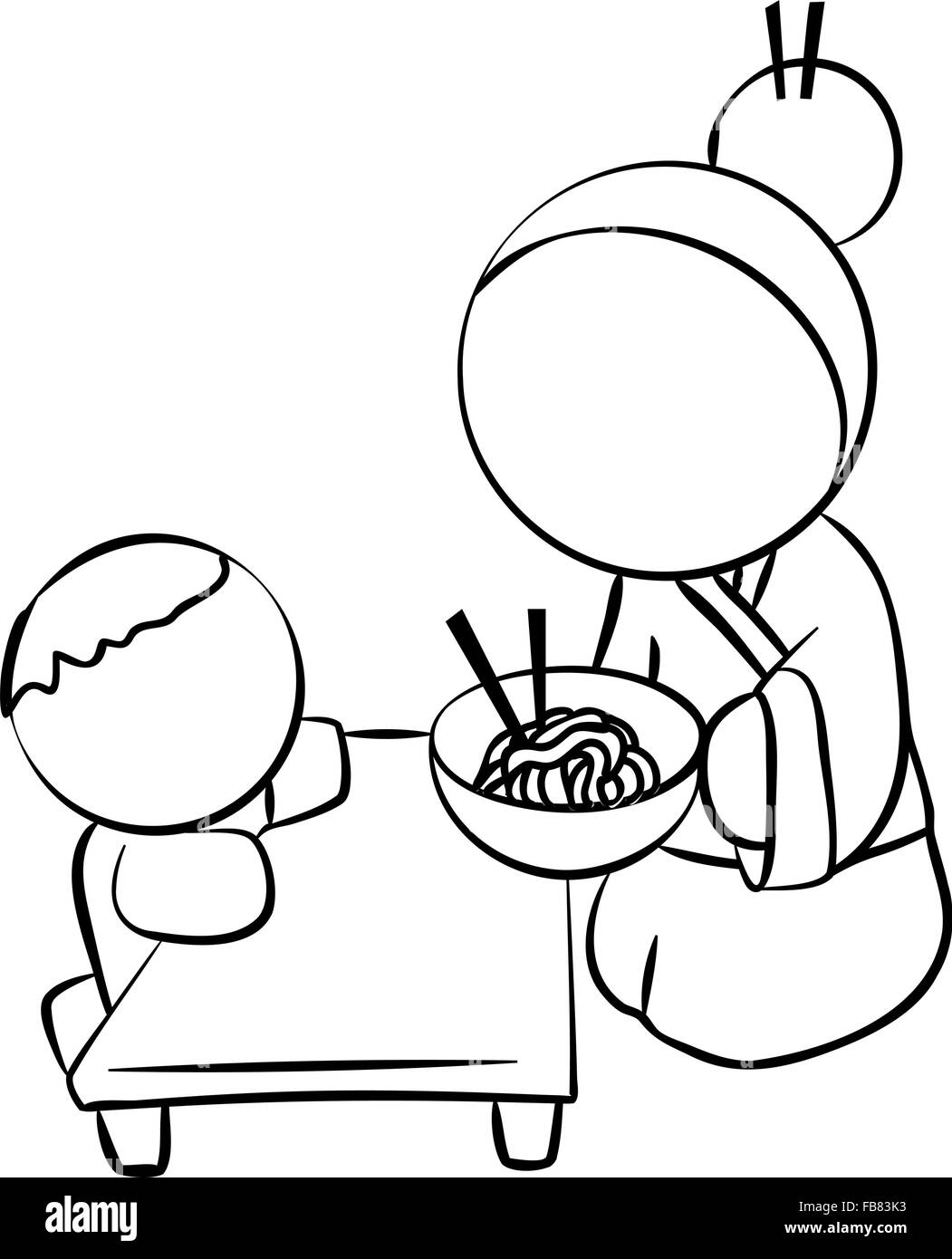 Line drawing of a japanese woman serving noodles to a cute little boy. Stock Vector