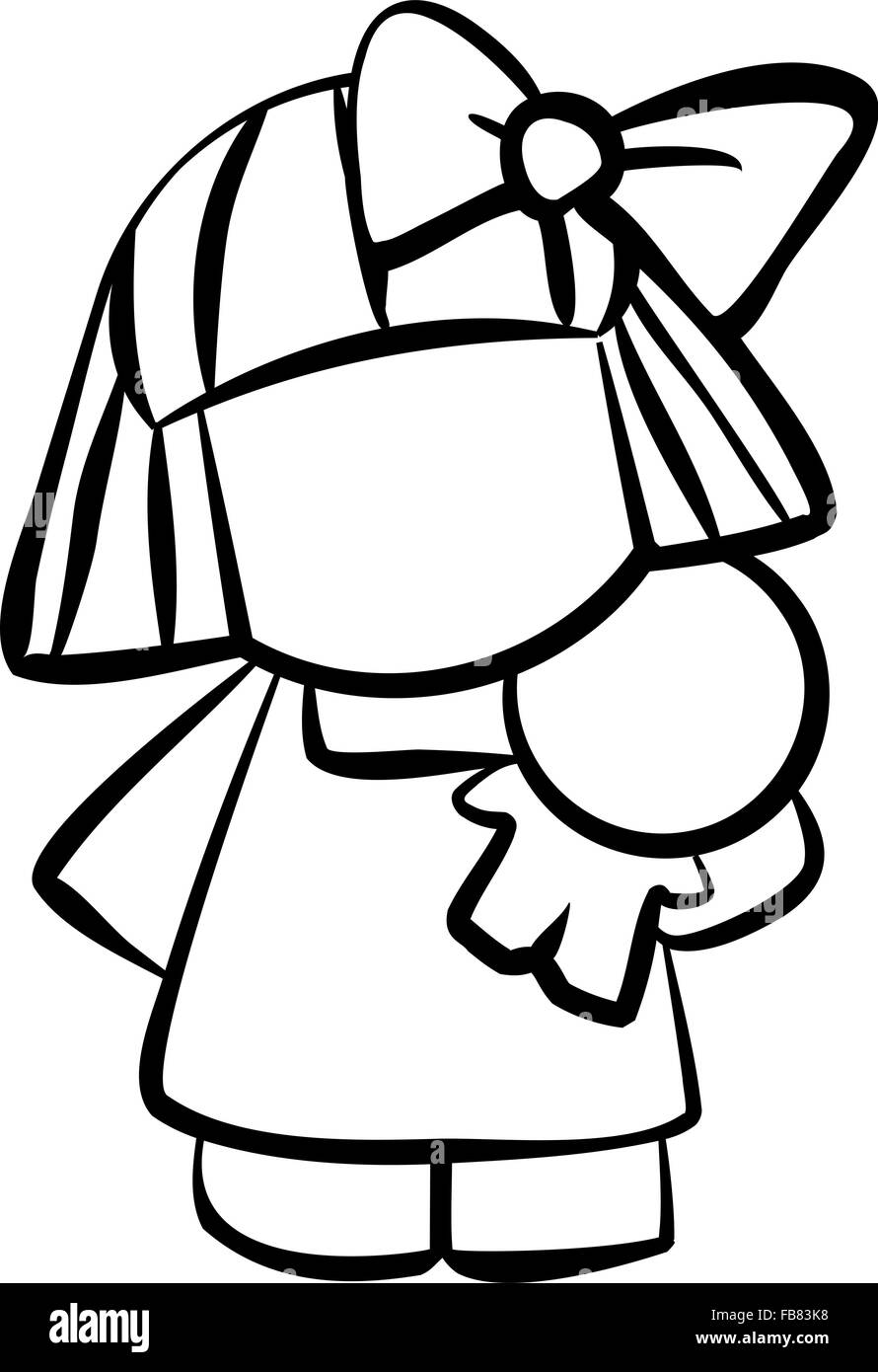 Line drawing of a little girl holding a doll and looking cute ...