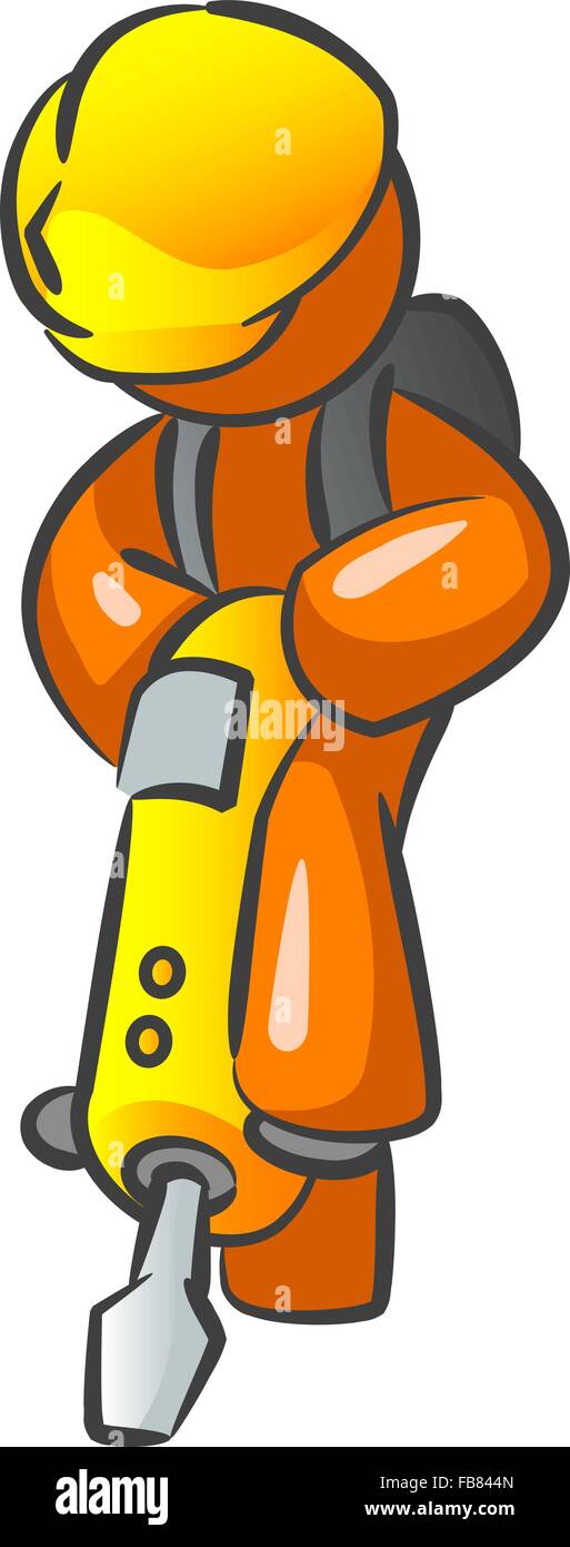 Orange man construction worker using a jackhammer and working hard. Stock Vector